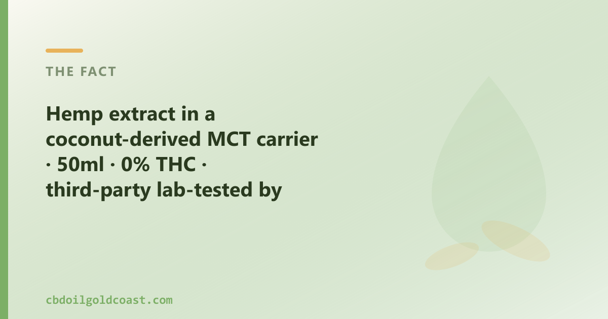 Hemp extract in a coconut-derived MCT carrier, 50ml, 0% THC, lab-tested by batch, across QLD